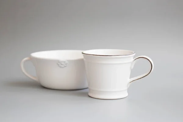 White Bowl Dan Piring Putih Light Grey Background — Stok Foto
