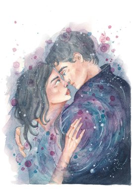 watercolor illustration of a couple in love, look into each other's eyes