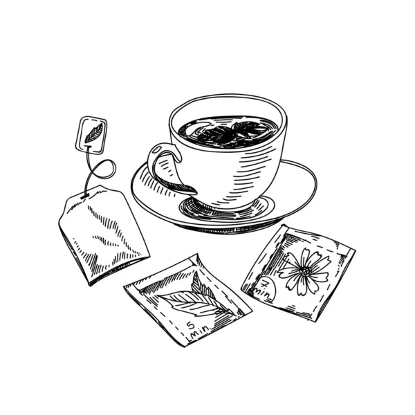 Taza de té dibujado a mano ilustración vector en blanco y negro — Vector de stock