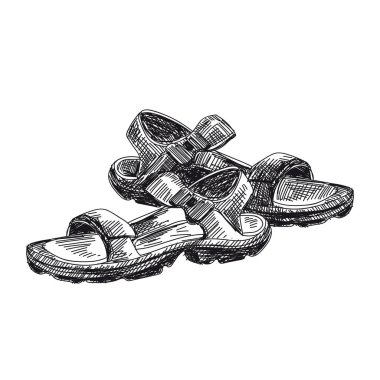 Turist sandaletleri, retro siyah beyaz el çizimleri.