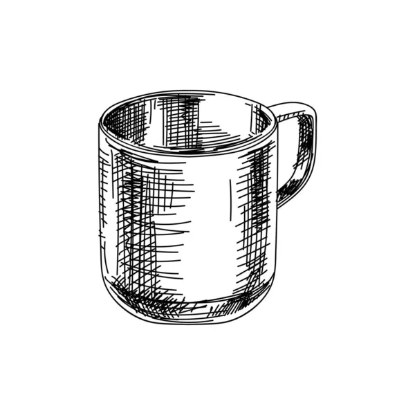 Туристичний металевий кухоль, ретро чорно-біла рука намальована ілюстрація . — стоковий вектор