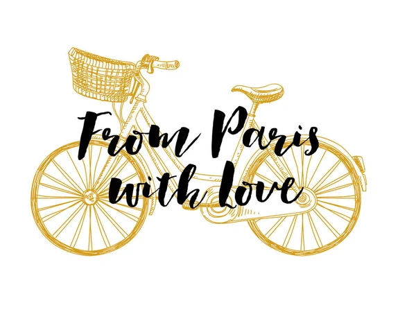 Aus Paris mit Liebe - Karte mit Fahrrad, handgezeichnete Retro-Illustration. — Stockvektor