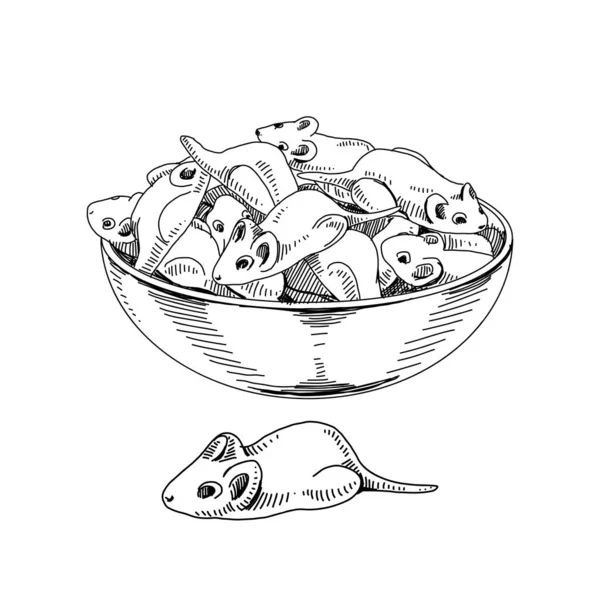 Chocolate Mice Candy Heap Bowl Retro Hand Drawn Vector Illustration Vektorgrafik