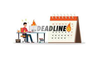 Son teslim tarihi. Bitiş tarihi yaklaşan bir takvim arkaplanındaki bir bilgisayar masasındaki adam.