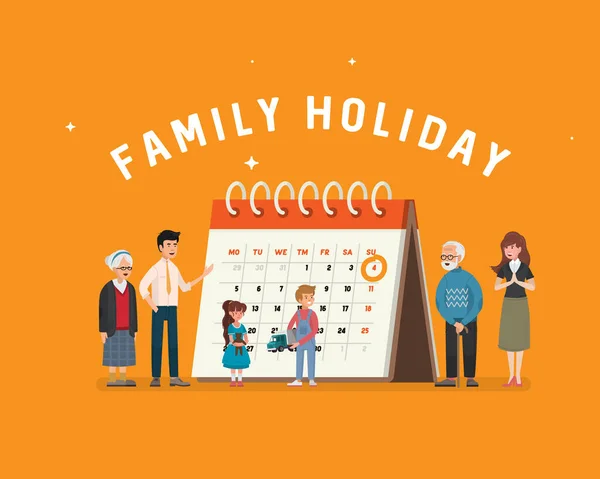 家庭假期 在日历的背景上描绘一个大家庭的海报 家庭庆祝活动 — 图库照片#