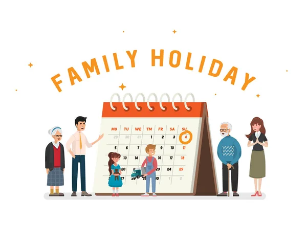家庭假期 在日历的背景上描绘一个大家庭的海报 — 图库照片#