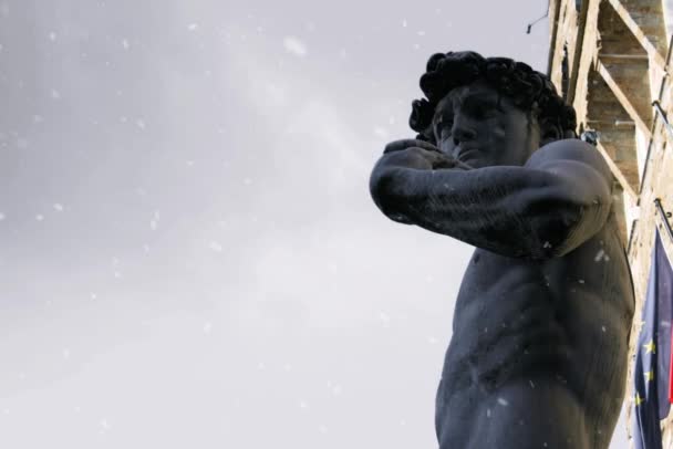 Статуя Давида Флоренция Снег Над Статуей — стоковое видео