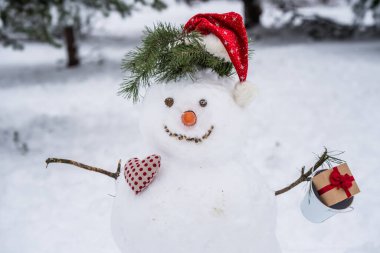 Noel Baba şapkalı kardan adam dışarıda. Ormandaki komik kardan adam.