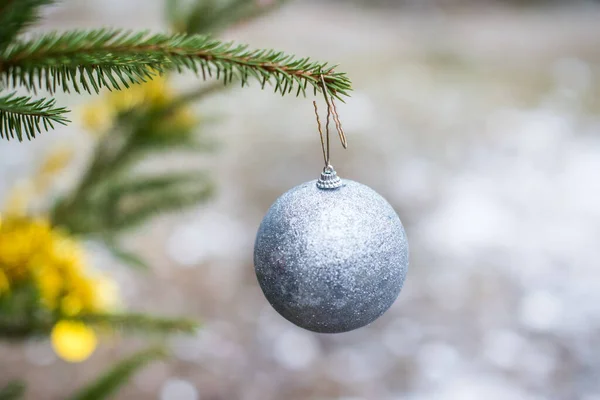 Silberne glitzernde Weihnachtskugel hängt an einem immergrünen Baum — Stockfoto