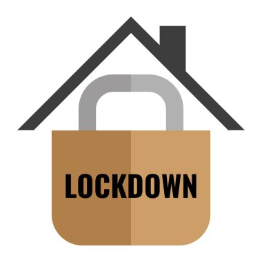 Kilitleme metni ve evin çatısı olan kilit levhası, covid-19 karantina, salgın hastalık