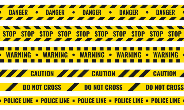 Yellow and black danger ribbons. Police line, crime scene, do not cross, construction site road