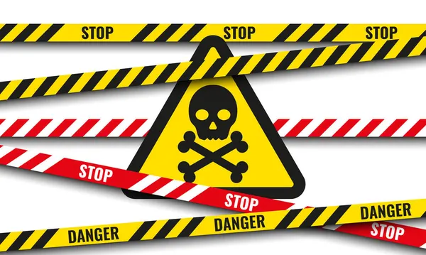 Icono de cráneo y huesos cruzados en la señal de advertencia amarilla y cintas de líneas cruzadas de peligro. — Vector de stock