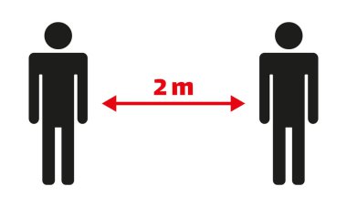 Diğerlerinden en az 2 metre uzak dur. Coronavirus uyarı işareti.
