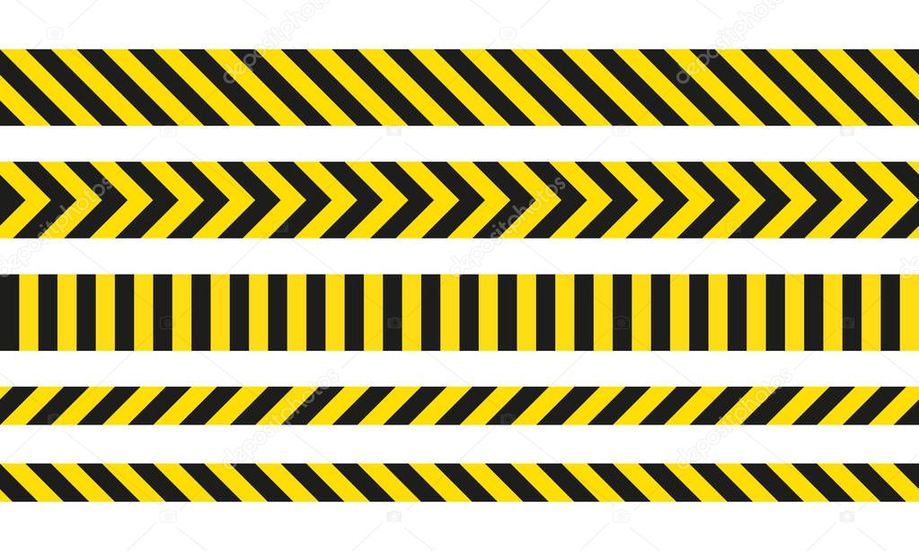 Yellow and black danger ribbons. Police line, crime scene, do not cross, construction site road
