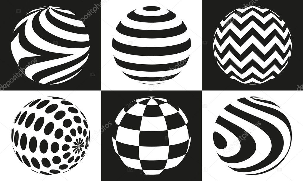 Black and white vector sphere of lines for design of logo. Icons set or symbols collection