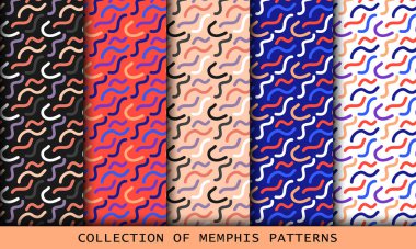 Kusursuz Memphis desenleri koleksiyonu. Moda 80-90 'lar. Kısa çizgi şekilli renkli mozaik dokular