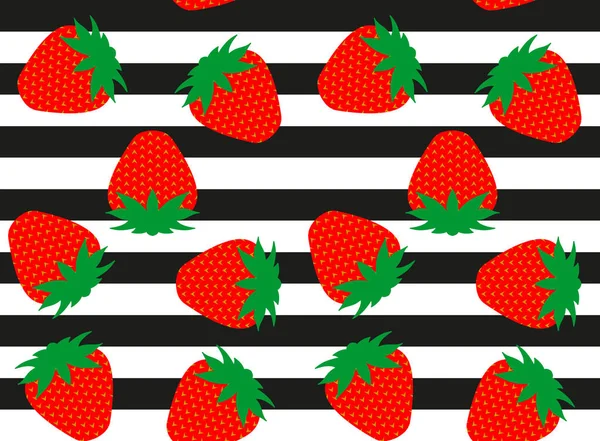 Strawberry pattern. Seamless striped background with drawn berry. Red fruit. Flat cartoon style — Stock Vector