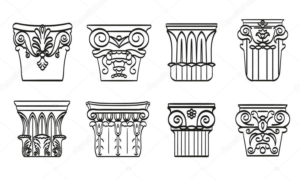 Classical column architecture element. Hand drawn column shape for logo. Columns set or collection
