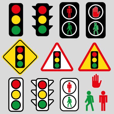 Trafik ışıkları seti. Düz sinyal simgeleri. Semfore tasarımı. Vektör
