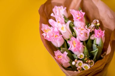 Taze bahar pembe laleleri, sarı arka planda eski moda kağıt üzerinde.