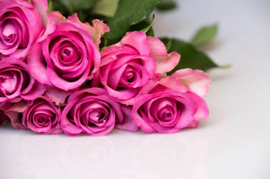 Beyaz arka planda pembe gül buketi. Çiçek arkaplanı. Anneler Günü, Düğün ve Doğum Günü konsepti.