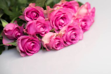 Beyaz arka planda pembe gül buketi. Çiçek arkaplanı. Anneler Günü, Düğün ve Doğum Günü konsepti.