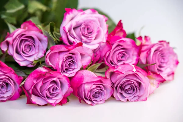 Kytice fialových růží na bílém pozadí. Květinové pozadí. Den matek, koncepce svatby a narozenin. — Stock fotografie