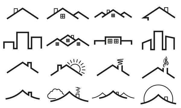 一套房屋屋顶的线条图标 洛格斯的房子和房地产 建筑物符号收集概况 — 图库矢量图片