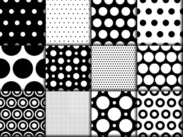 Black White Polkadot Seamless Patterns Set Collection Abstract Backgrounds Circles — Stockvektor