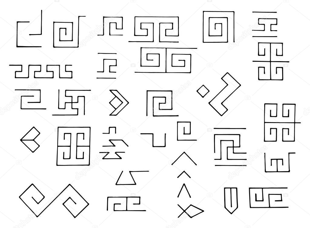 Hand drawn greek motives vector symbols set. Greek key. Arabic geometric islamic art.