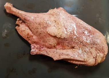 Kızarmış kaz ve patates, kırmızı lahana ve kahverengi sos.