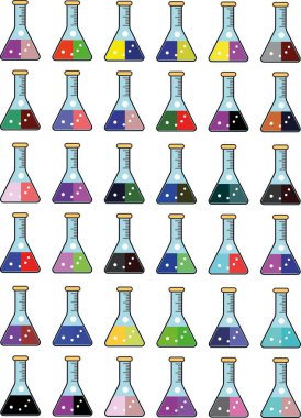 Kimya şişeleri farklı renklerde.