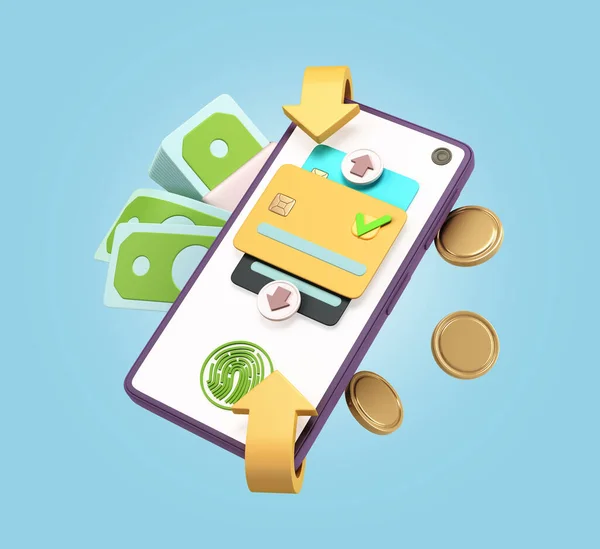 Concept of online bank transfers and payments Smartphone with credit card on screen and bills with coins next of them 3d render illustration on blue background
