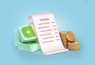 the concept of cost control fiscal check with money bills and gold coins 3d render on blue background