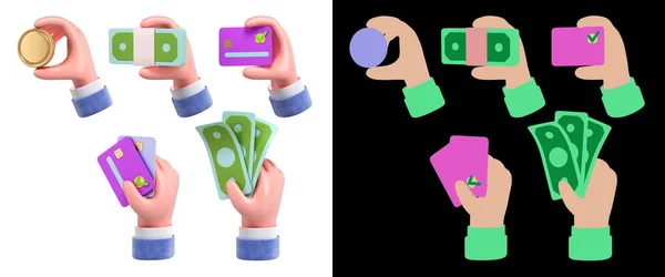 Financial Icons Set Hands Different Bank Accessories Render White Alpha — Foto Stock