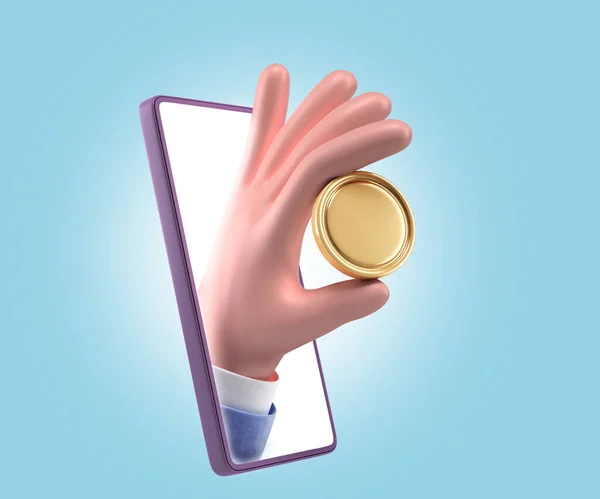 Concept Online Bank Transfers Smartphone Gold Coin Hand Render Illustration — Stock Photo, Image