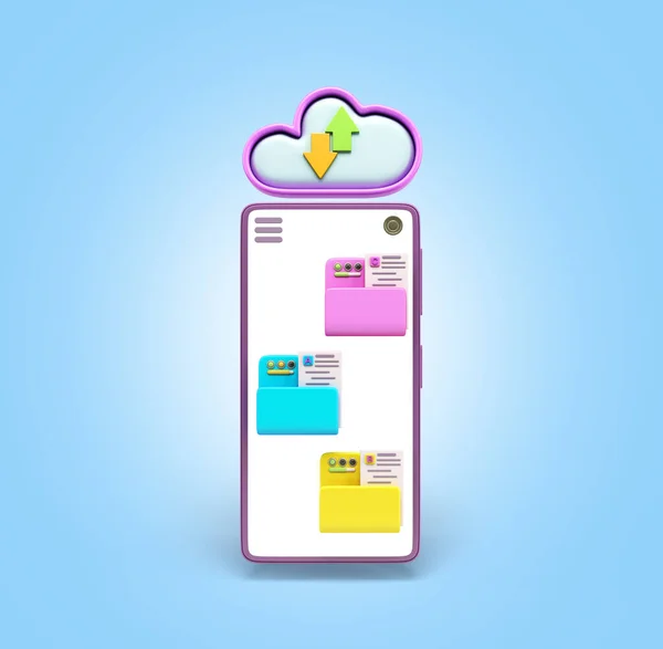 Cloud Storage Concept Smartphone File Folders Screen Render Blue Gradient — 图库照片