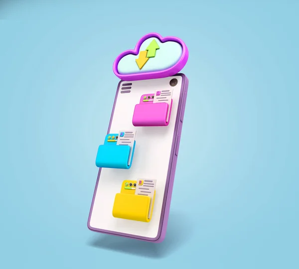 Cloud storage concept smartphone with file folders on screen 3d render on blue gradient