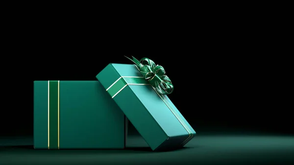 Open Empty Green Gift Boxe Whith Ribon Render Darck Background — Stock fotografie