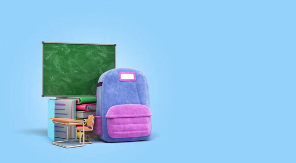 online learning concept Blue backpack with school supplies 3d render on blue gradient