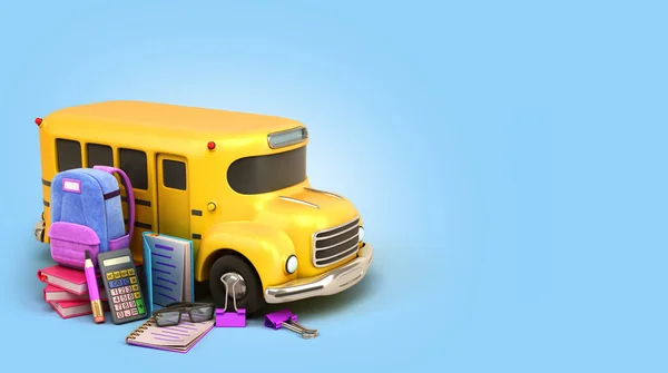 Back School Concept School Supply Flying Air Yellow Bus Illustration — Zdjęcie stockowe