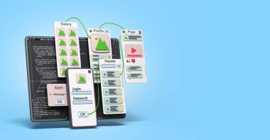 mobile software development concept smartphone with ui elements around 3d render on blue