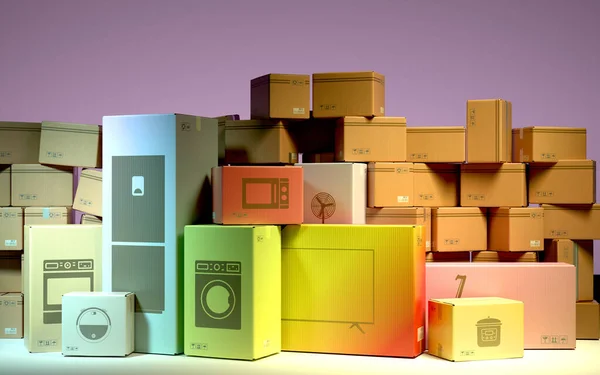 基于在线订购概念的不同家用箱3D彩色背景图 — 图库照片
