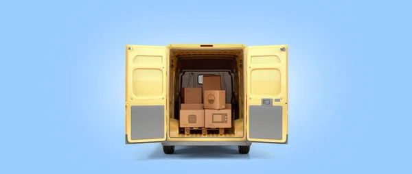 ミニバス配送コンセプトの裏側に設置された異なる家電ボックス青の背景に3Dイラスト — ストック写真