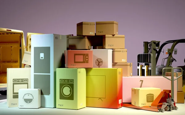 ミニバスの近くの地面に設置された異なる家電製品の箱の色の背景にオンライン注文3Dイラストの概念 — ストック写真