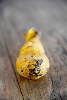 Sarı haşlanmış tatlı patates, kahverengi ahşap masaya konur.