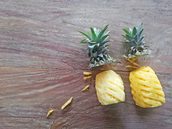 Cuted Opened Pineapple Placed Brown Wooden Background — Fotografia de Stock