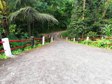 Kırmızı-beyaz duvar ve yeşil doğa geçmişi olan köydeki boş strett.