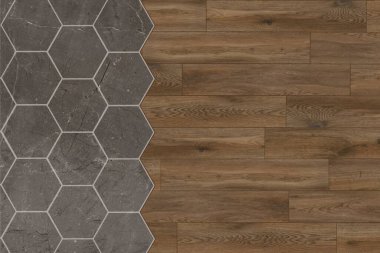 Beton Döşeme. Geçiş zemini. Tahta kiremit. İç seramik duvar döşemeleri ve döşeme döşemeleri için kullanılan ahşap desenli ahşap desen. Altıgen fayanslar ahşap zemine dökülüyor..