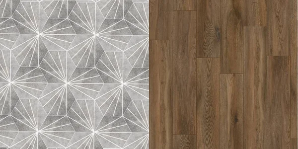 セメントタイルの床 遷移床 木製のタイル 木のパターンテクスチャインテリアのために使用セラミック壁のタイルや床のタイル木製のパターン 木製の床に広がる六角形のタイル — ストック写真